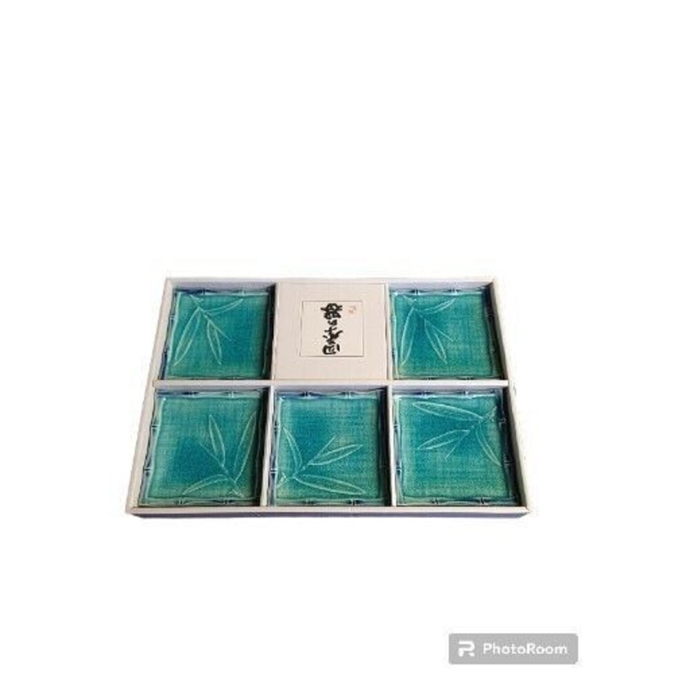 Kotobuki Japanese Celadon Crackle Glaze Bamboo Dish Set of 5 New Ceramic Plates